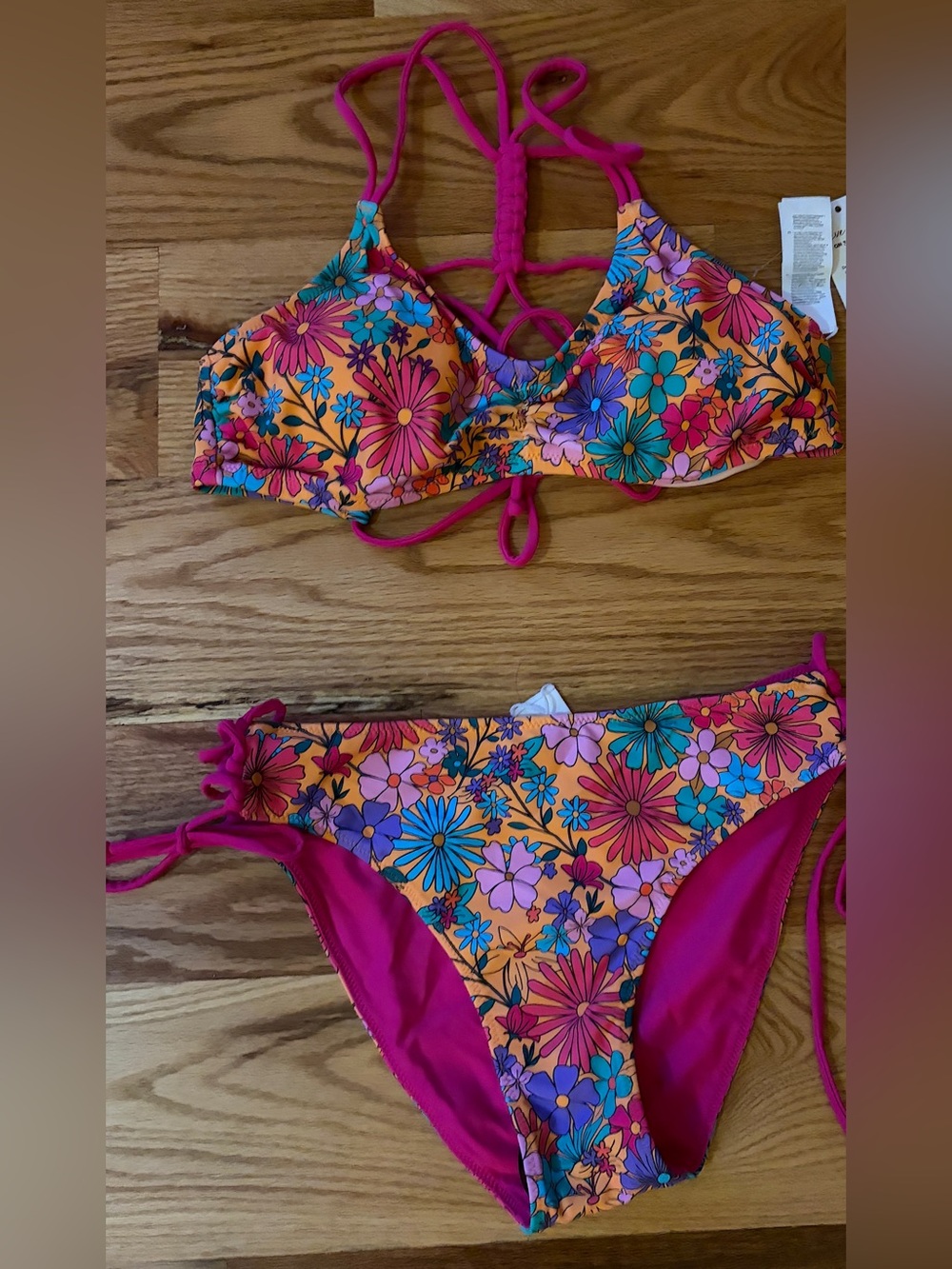Floral Lace-Back Bikini Set - Pink & Orange